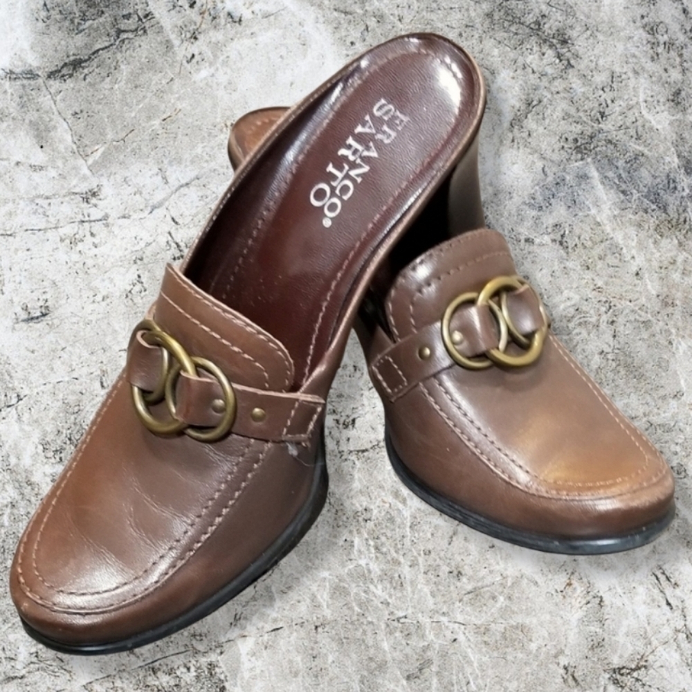 Franco Sarto Brown Leather Mule Clogs with Gold Ring Accent